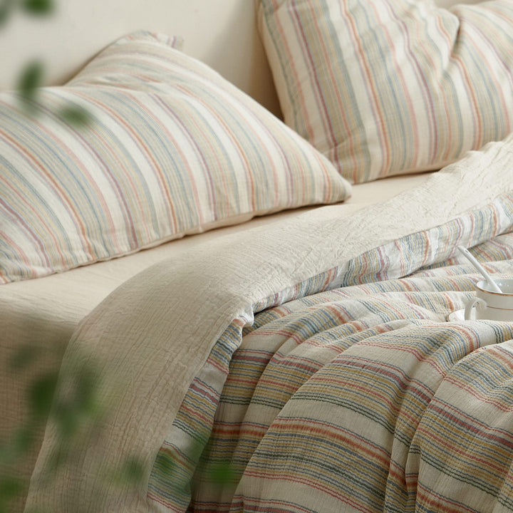 Breathable Striped Cotton-Linen Quilt and Pillowcase Bedding Set