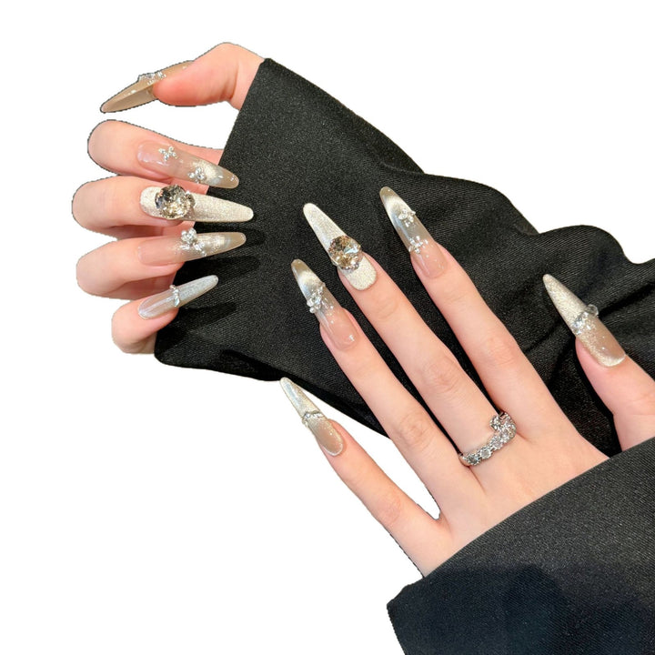 Glamorous Stiletto Press-On Nails with Rhinestone and Metallic Accents