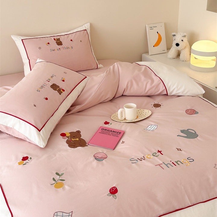 Cotton satin bedding set with delicate cherry embroidery and reversible function