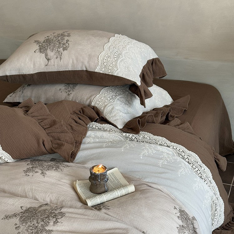 French country house bed linen set made of cotton percale with crochet lace trim
