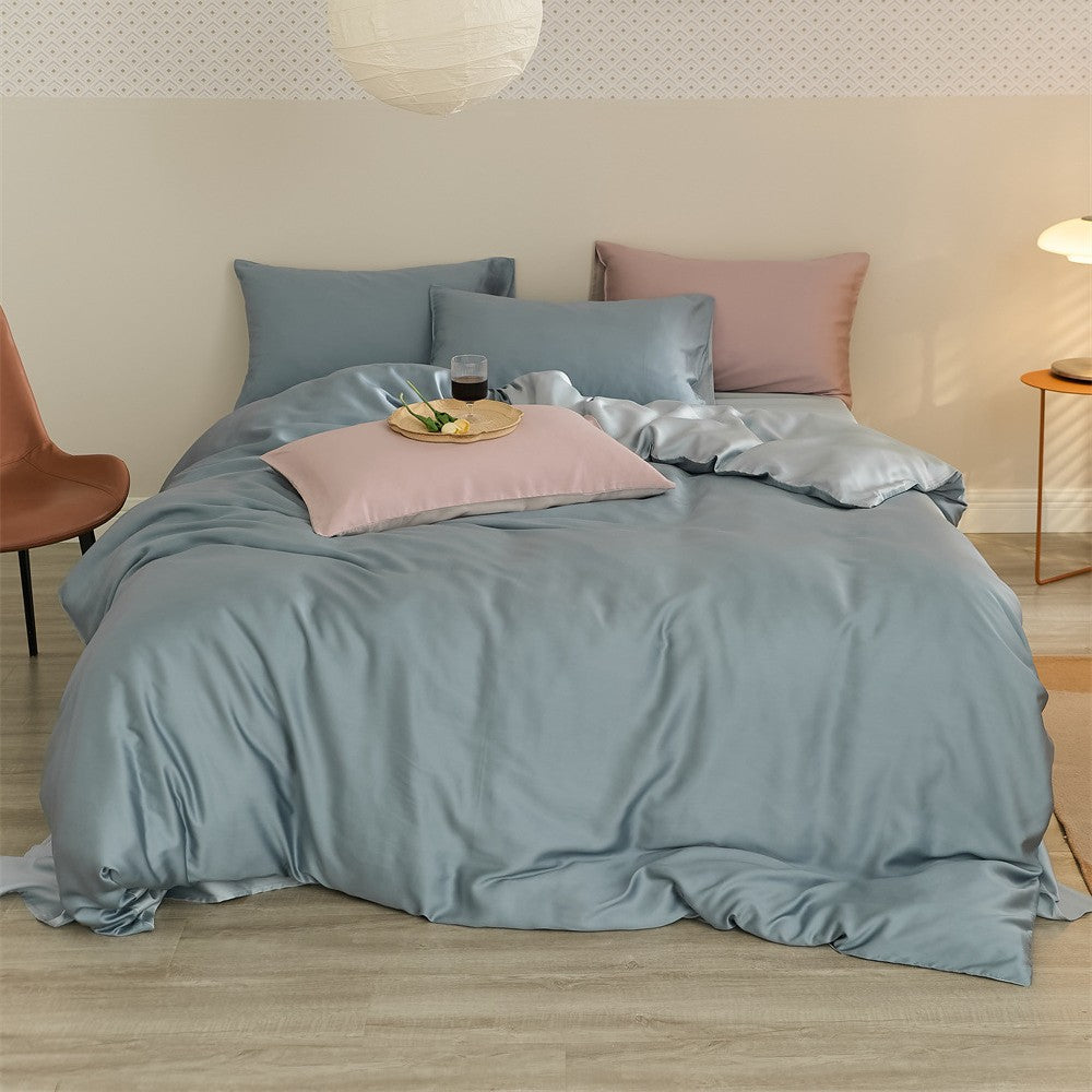 Reversible satin bedding set with a silky glossy feel and skin-friendly cotton blend