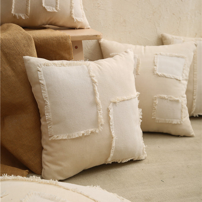 Fringed Patchwork Linen-Blend Square Decorative Throw Pillow Cover