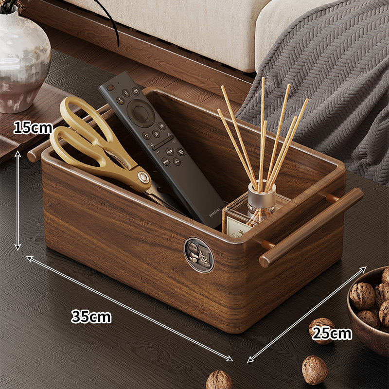 Wooden Rectangular Desktop Storage Organizer Box with Built-In Side Handles
