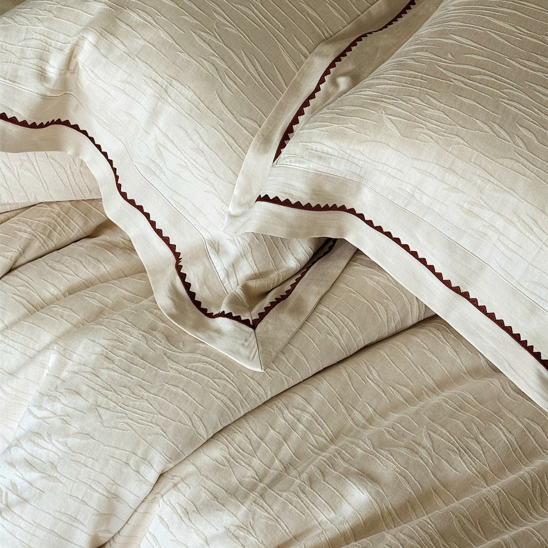 Jacquard Cotton Sateen Duvet Cover Set with Embroidered Leaf Border and Oxford Shams