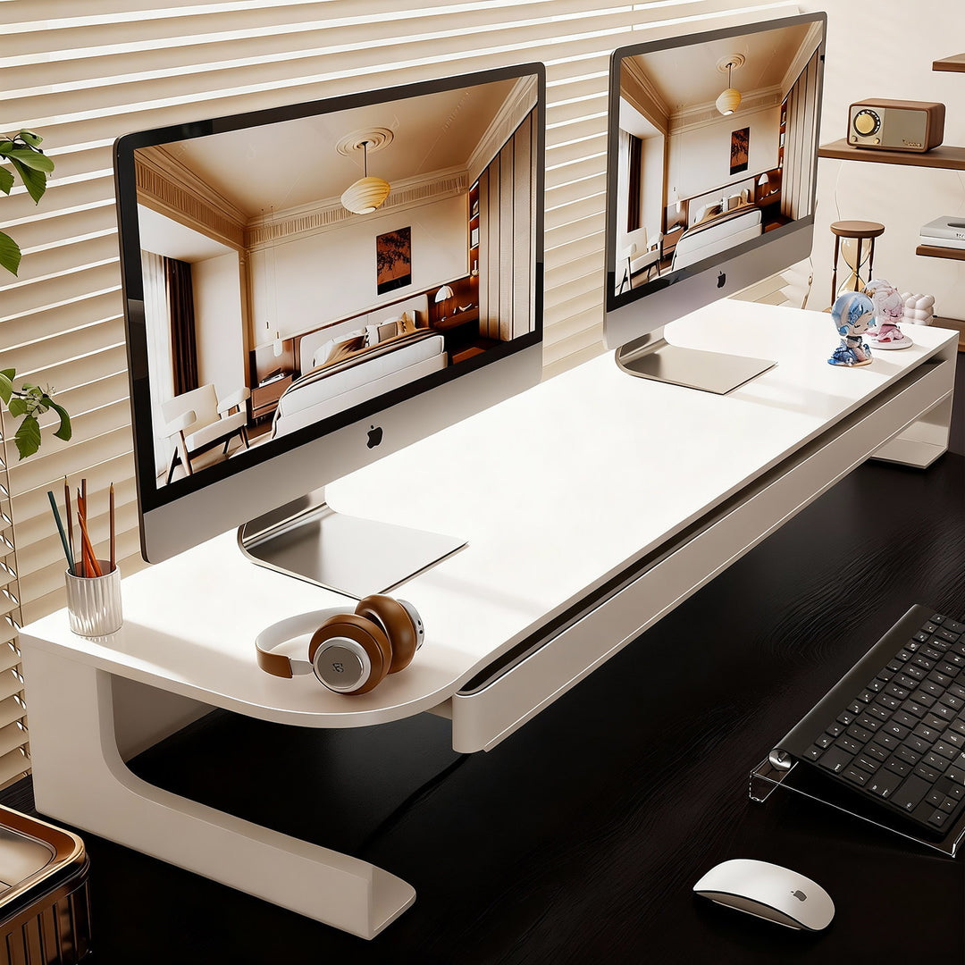 Slim Floating Desktop Monitor Riser with Ventilated Under-Shelf and Rounded Metal Frame