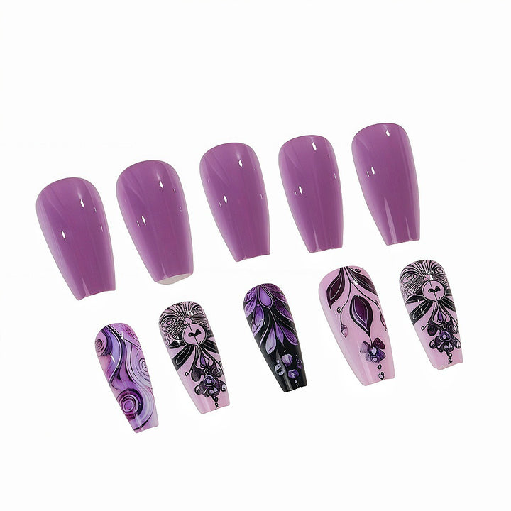Artificial nails with intricate purple pattern Stornfield