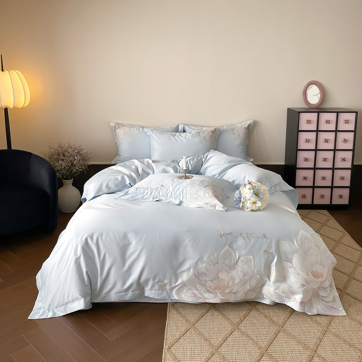Satin-Feel Embroidered Floral Duvet Cover Set with Pillow Shams