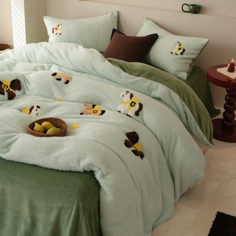 Plush Sherpa Embroidered Cartoon Dog Duvet Cover Set