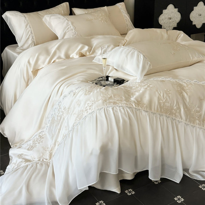 Embroidered Satin-Blend Duvet Cover Set with Layered Ruffled Bedskirt and Lace-Trim