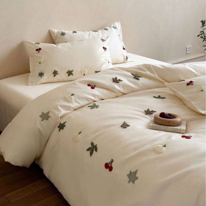 Embroidered Cotton-Sateen Duvet Cover Set with 3D Fruit & Leaf Appliqué