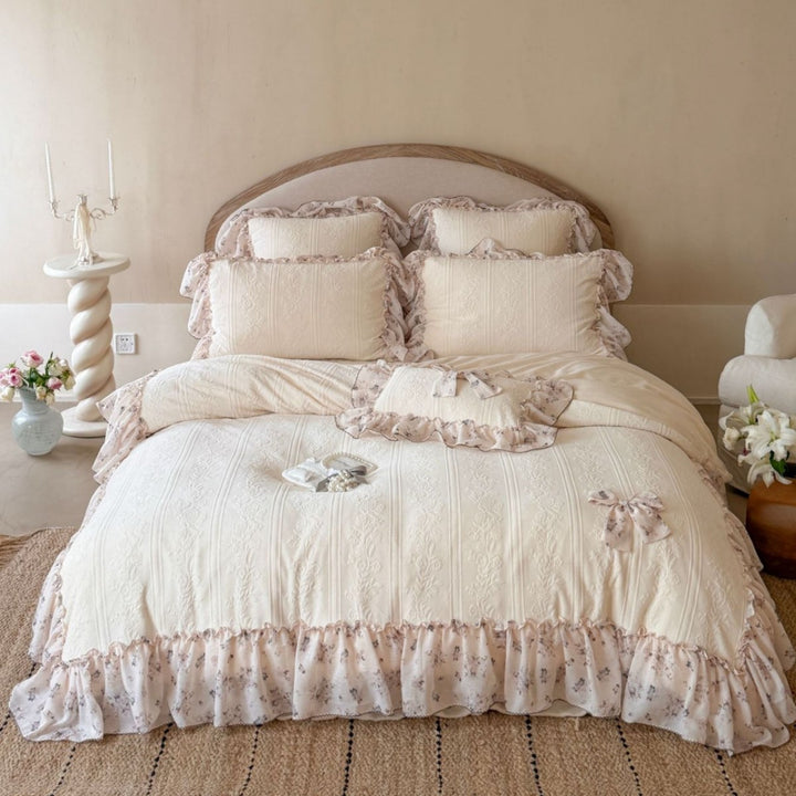 Ruffled Floral Embroidered Cotton Duvet Cover Set