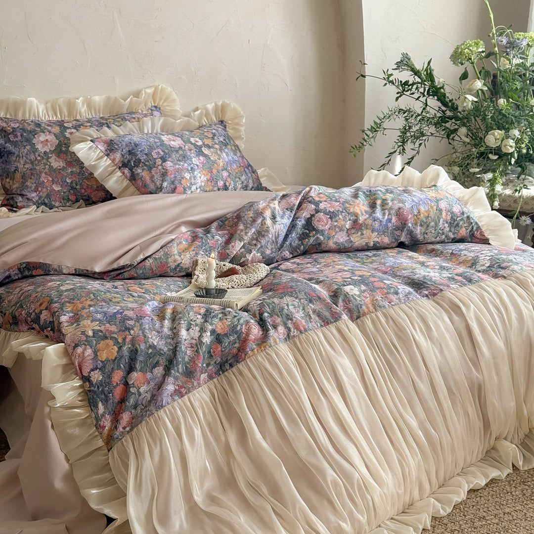 Floral Ruffled Satin-Trim Duvet Cover Set with Pleated Bed Skirt and Pillow Shams