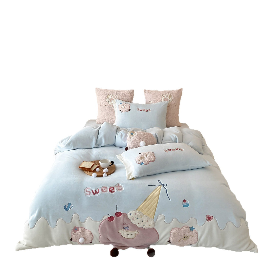 Children's Embroidered Plush Duvet Cover Set with Ice Cream & Sheep Appliqués