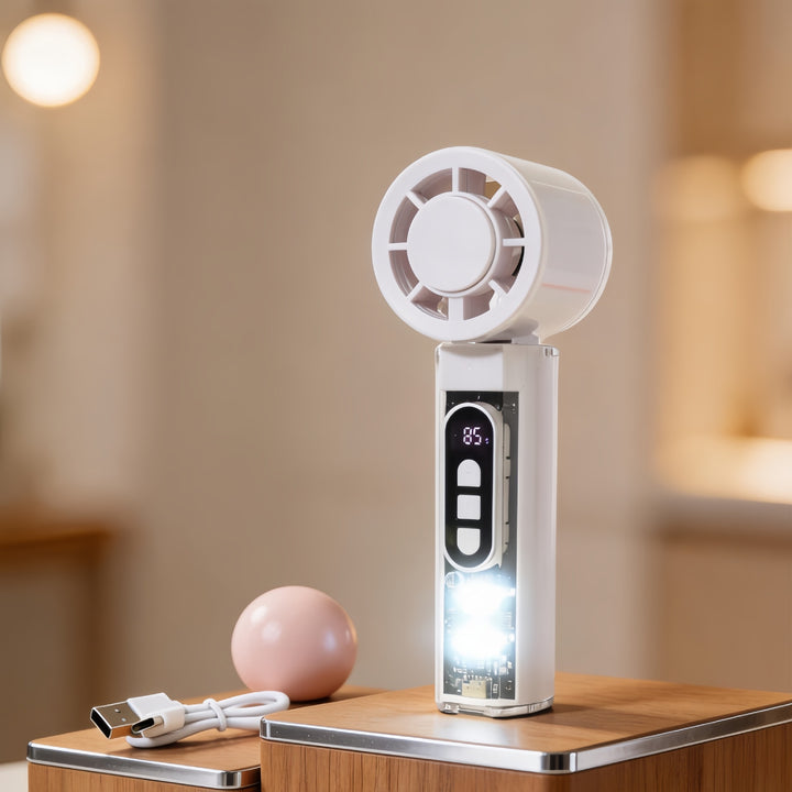Women Portable Hand Fan with Temperature Display and LED Lighting Stornfield