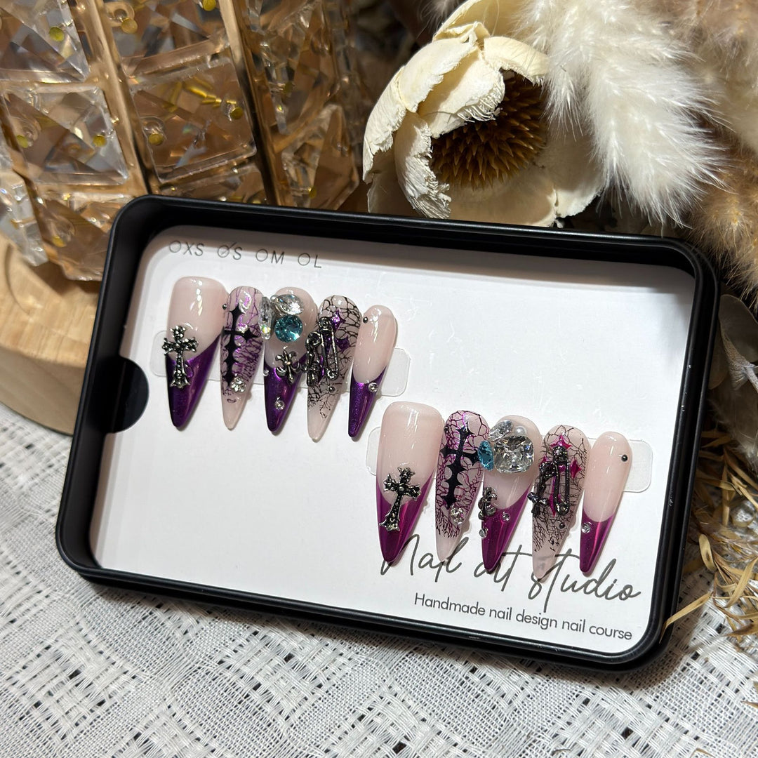 Artistic Stiletto Press-On Nail Set with Unique Floral and Gemstone Accents Stornfield