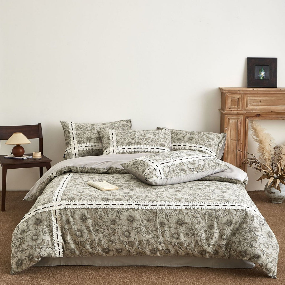 Floral Sketch Lace-Panel Reversible Duvet Cover Ensemble with Solid-Backed Pillow Shams