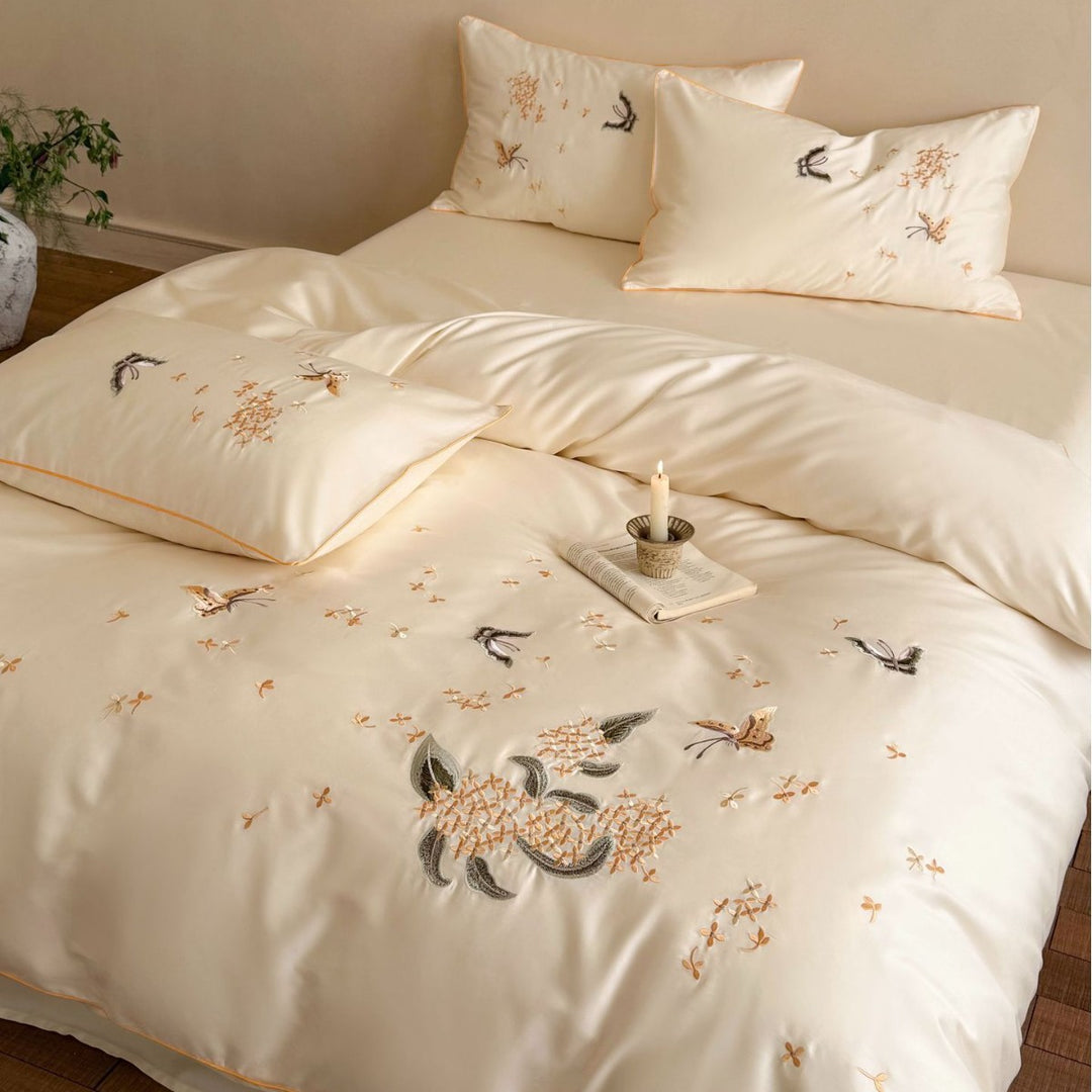 Silky Sateen Embroidered Botanical & Butterfly Duvet Cover Set with Piped Shams