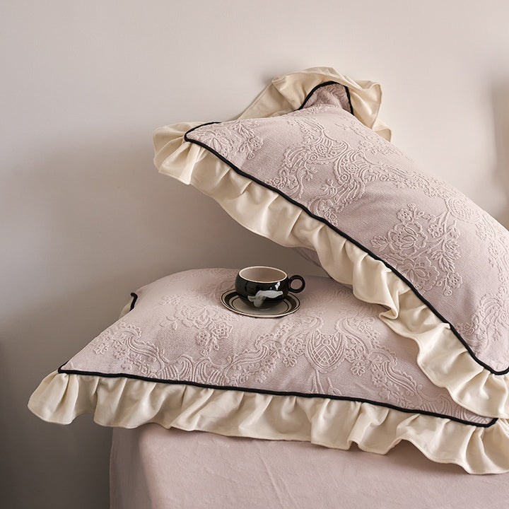 Elegant Damask Jacquard Embossed Ruffled Duvet Cover Set with Contrast Piped Edge & Decorative Shams