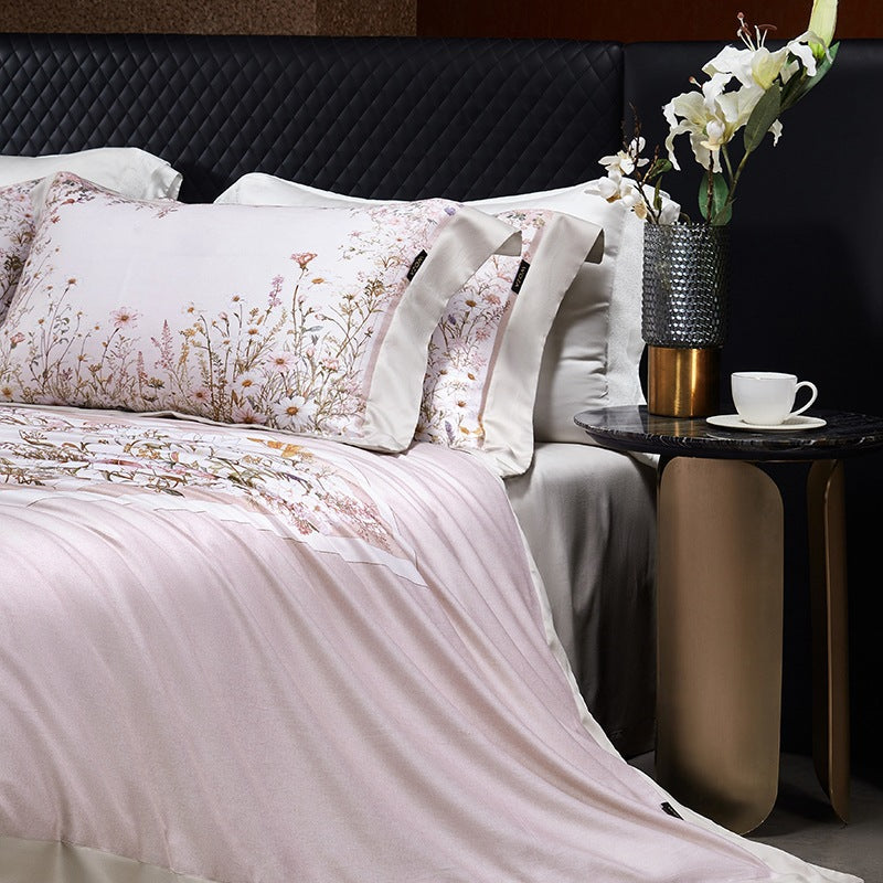 Luxe Satin-Feel Floral Center-Panel Duvet Cover Set with Rolled Bolster & Euro Shams
