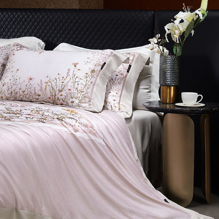 Luxe Satin-Feel Floral Center-Panel Duvet Cover Set with Rolled Bolster & Euro Shams