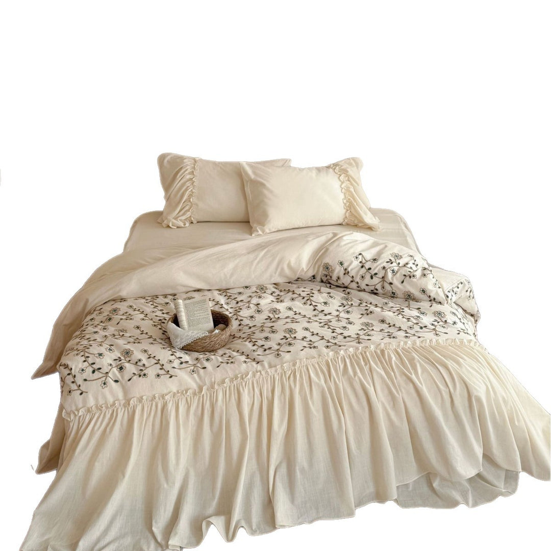 Ruffled Skirted Duvet Cover Set with Botanical Outline Embroidery