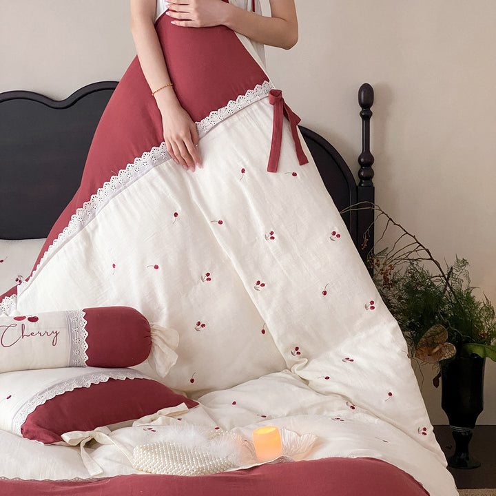 Embroidered Cherry Cotton-Linen Duvet Cover Set with Lace-Trim Shams