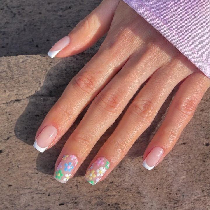 Artificial nail set with colorful flowers and creative French design Stornfield