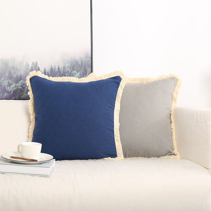 Fringed Linen-Texture Throw Pillow Covers with Hidden Zipper and Brush Fringe