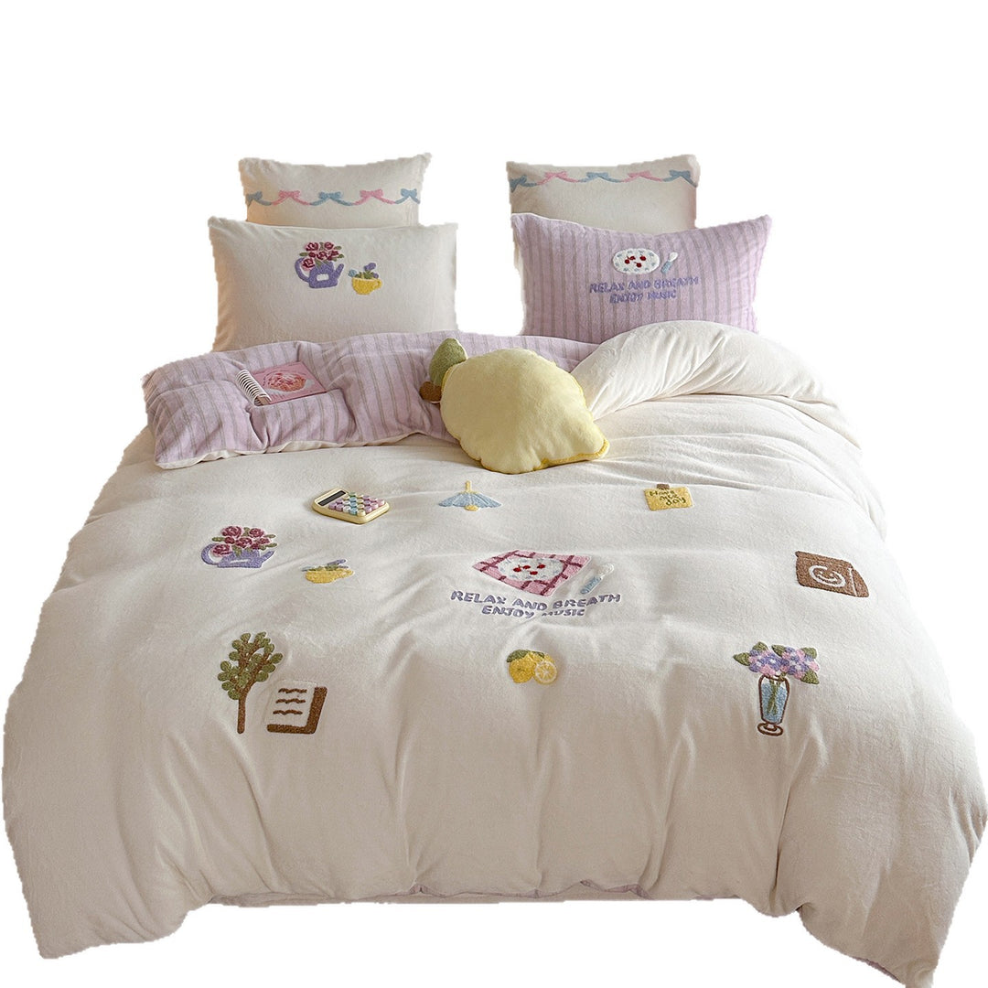Embroidered Plush Quilted Duvet-Style Comforter with Reversible Striped Backing