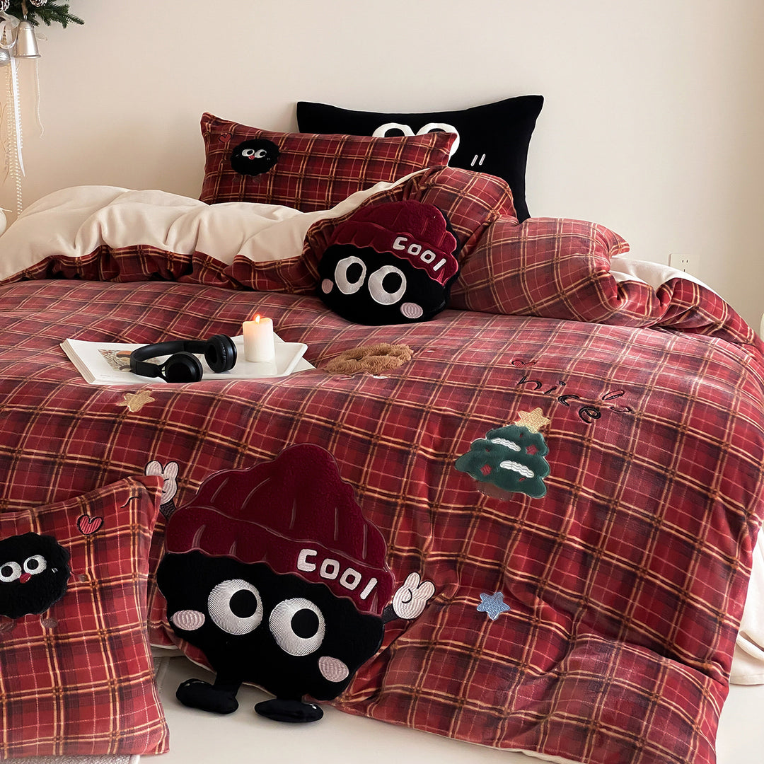 Plaid Embroidered Cartoon Appliqué Duvet Cover Bedding Set