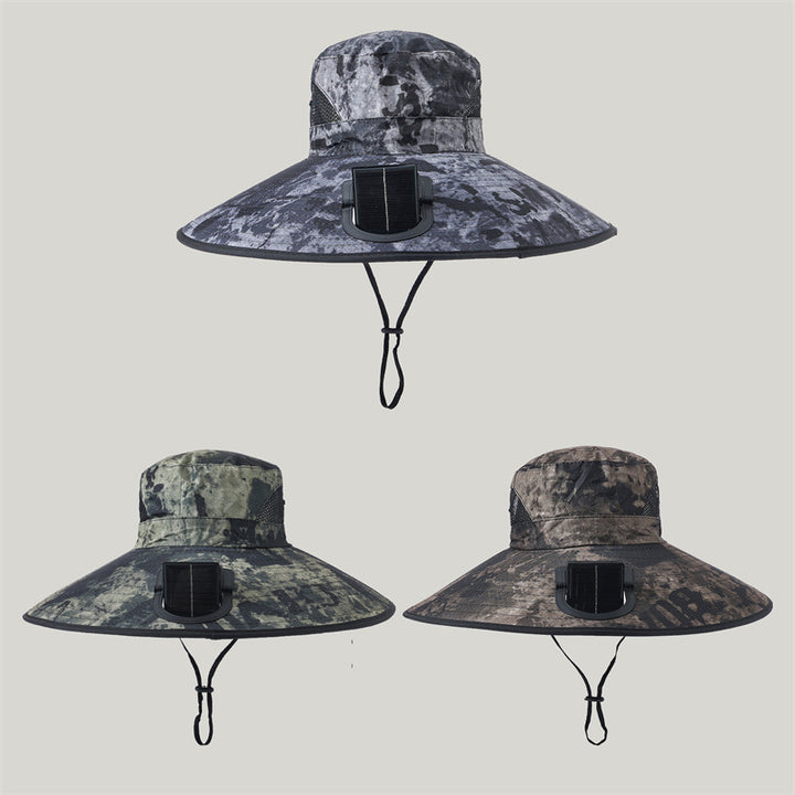 Wide-brimmed outdoor sun hat with solar-powered micro fan, breathable mesh and adjustable chin strap Stornfield