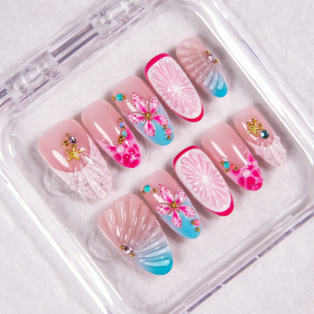 Artistic Press-On Nail Set with Floral Accents