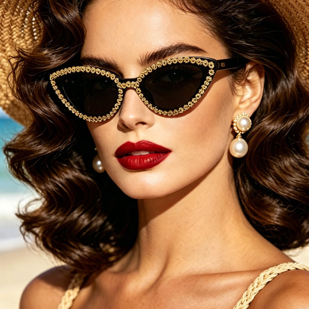 Ladies Glamorous Cat-Eye Sunglasses with Sparkling Flower Accents Stornfield