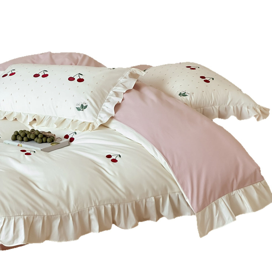Romantic cotton satin duvet cover set with cherry embroidery, ruffle and reversible function