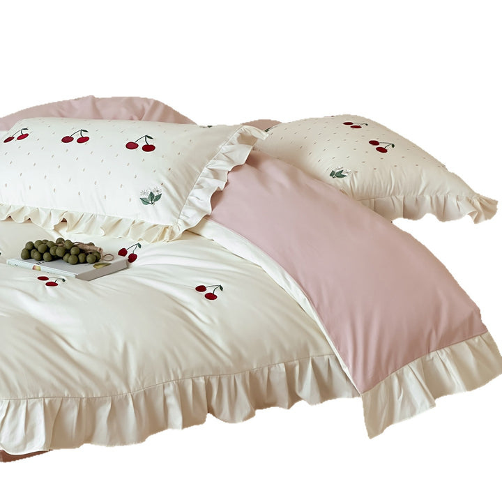 Romantic cotton satin duvet cover set with cherry embroidery, ruffle and reversible function