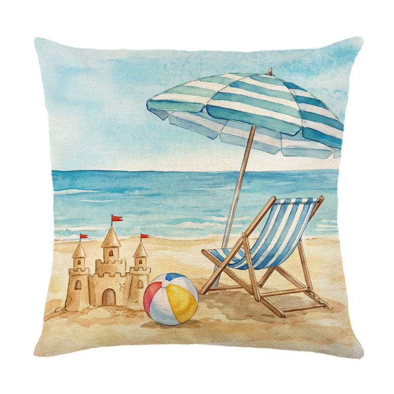 Scenic Watercolor Beach Bicycle Linen Pillow Cover with Basket & Sandcastle Illustration