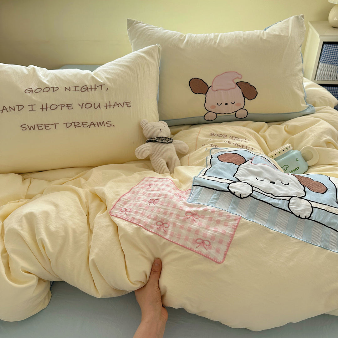 Plush Quilted Cartoon Puppy Duvet Comforter Set