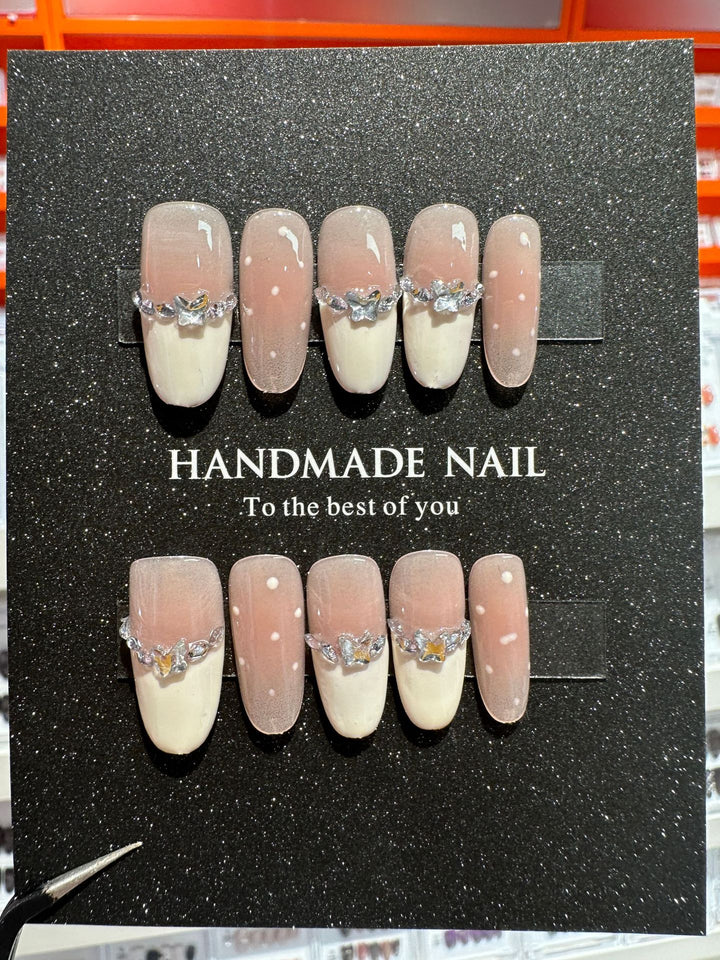 Handmade Elegant Press-On Nail Set with Gem Accents