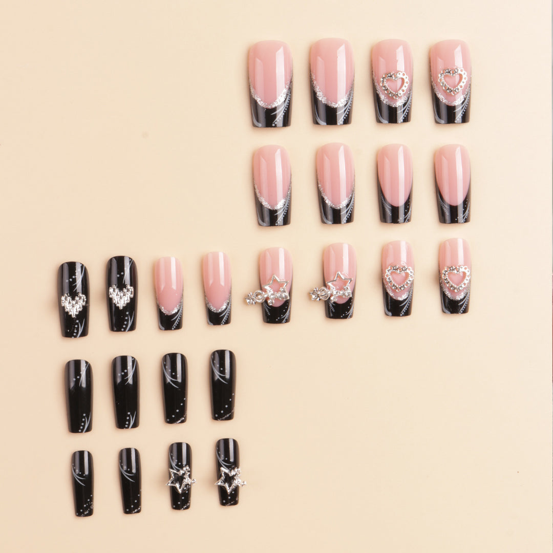 Artistic Long Press-On Nail Design with Rhinestone Accents Stornfield