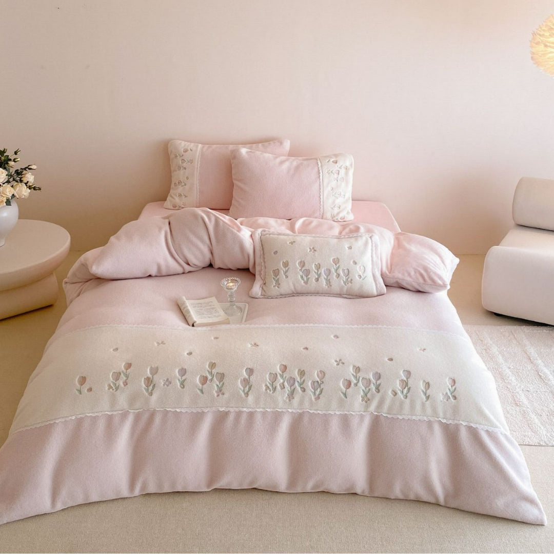 Embroidered Floral Duvet Cover Bedding Set with Lace Trim and Decorative Pillowcases
