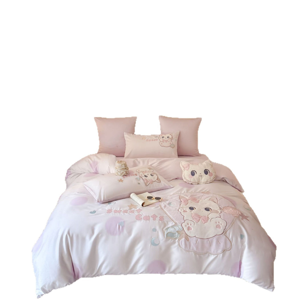 Embroidered Cat-Themed Satin Duvet Cover Set with Plush Decorative Pillow
