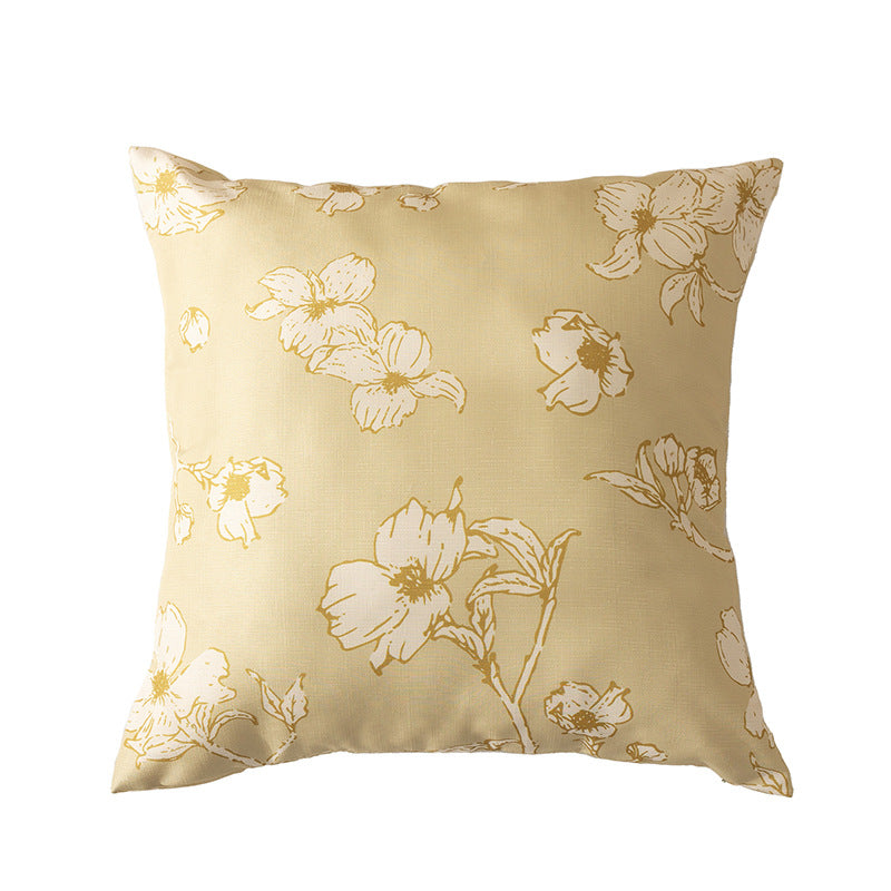 Rectangular decorative cushion with sketchy floral print and fine linen look