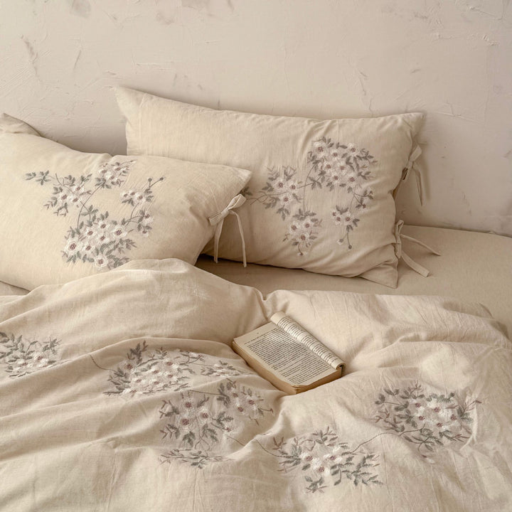 Embroidered Linen Duvet Cover and Tie-Closure Pillowcase Set