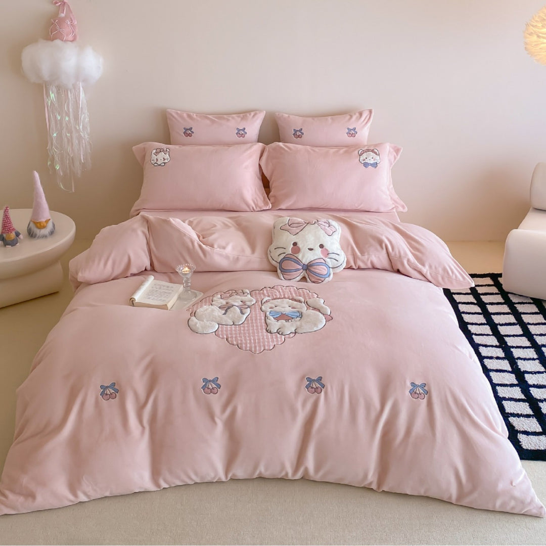 Cute Cartoon Embroidered Cotton Duvet Cover & Quilted Comforter Ensemble