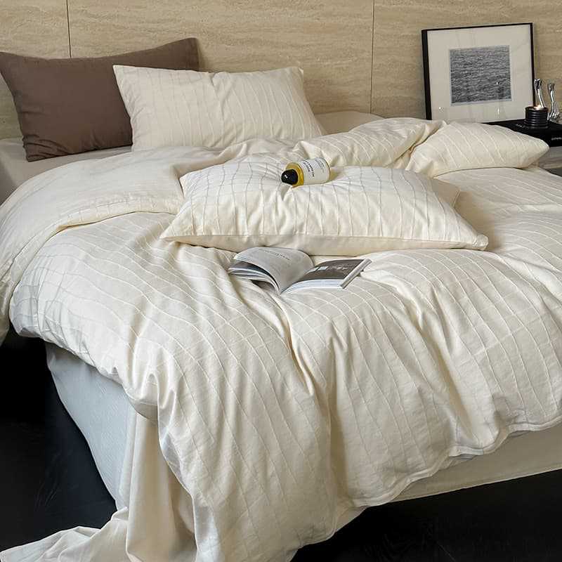 Washed Percale Cotton Duvet Cover Set with Subtle Wavy Texture and Envelope Closure