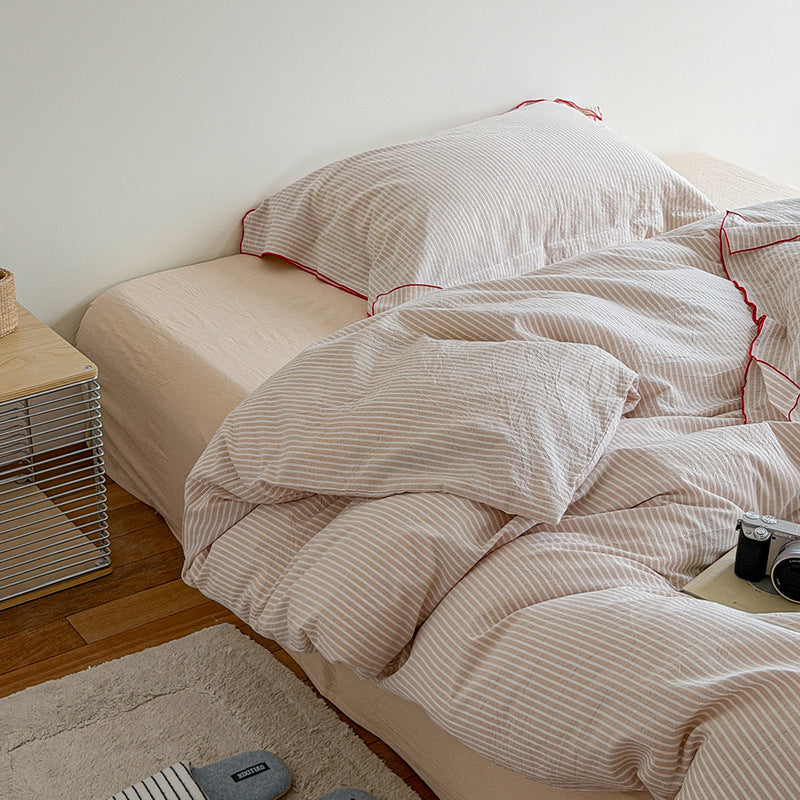Striped Cotton-Linen Duvet Cover and Pillowcase Set with Brushed Soft Breathable Weave