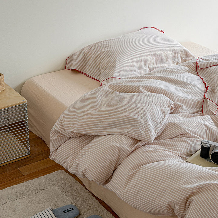 Striped Cotton-Linen Duvet Cover and Pillowcase Set with Brushed Soft Breathable Weave