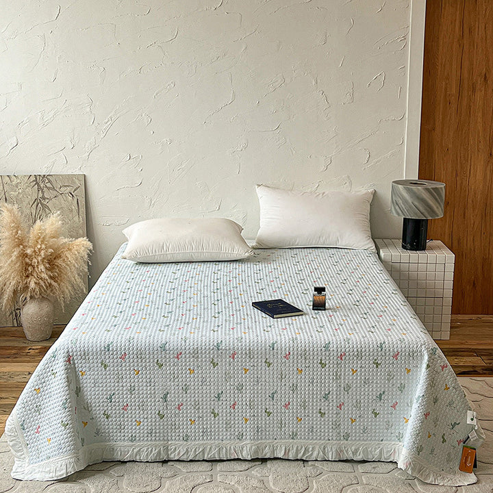 Quilted Bedspread Coverlet with Ruffled Edge and Mini Floral Print