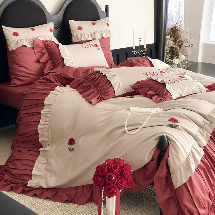 Romantic Ruffled Rose-Embroidered Sateen Duvet Cover & Pleated Bedskirt Set