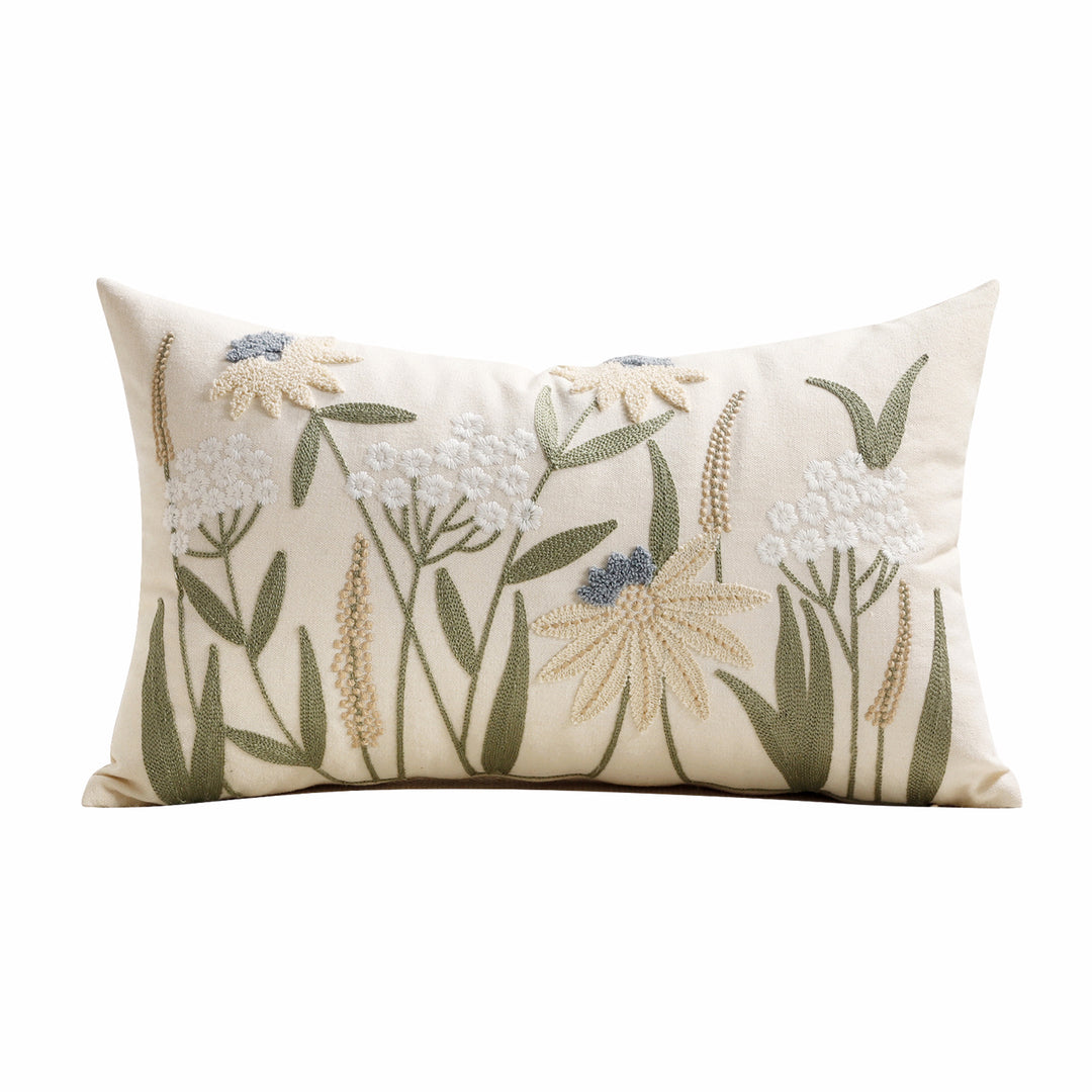 Embroidered Floral Lumbar Throw Pillow Cover with Textured Chenille Appliqué and Hidden Zipper